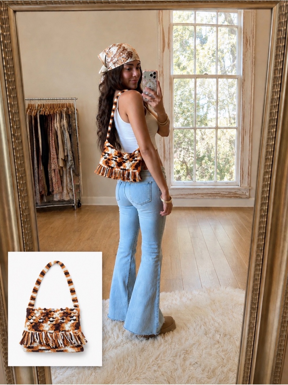Vintage 70s Handmade Crochet Shoulder Bag Fringe Boho Hippie Granny Knit Purse